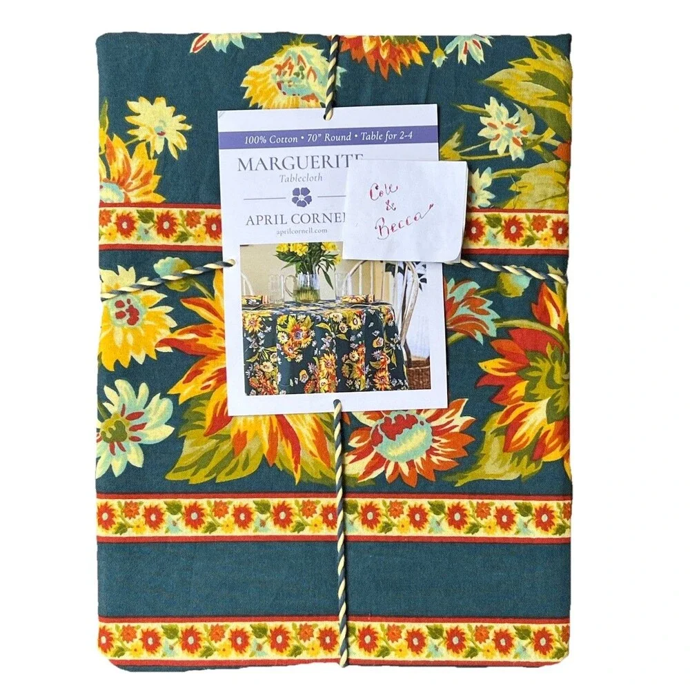 April Cornell Marguerite Floral Tablecloth 70” Round Dark Turquoise Cotton New